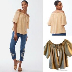 Chico’s 100% linen Elegant Off-Shoulder Tan Top NWT